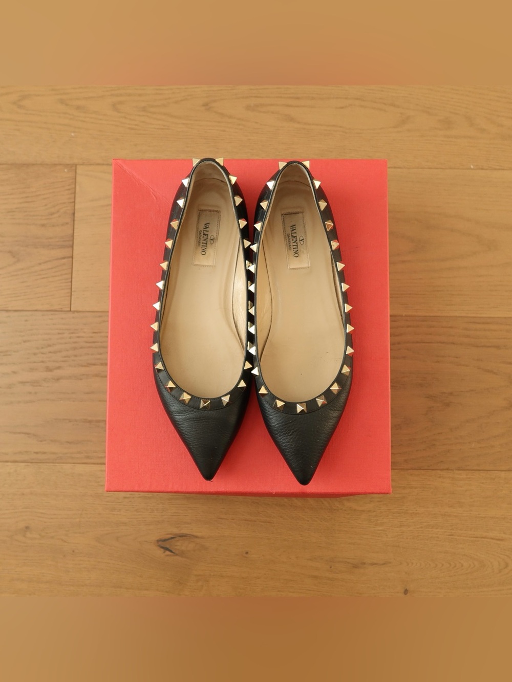Valentino Black Leather Rockstud Pointed Ballet Flats